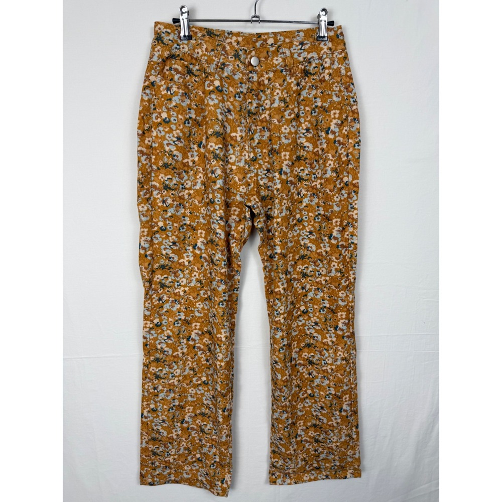 Polagram NWT Women Pants M Yellow Mustard Floral Corduroy Straight Leg